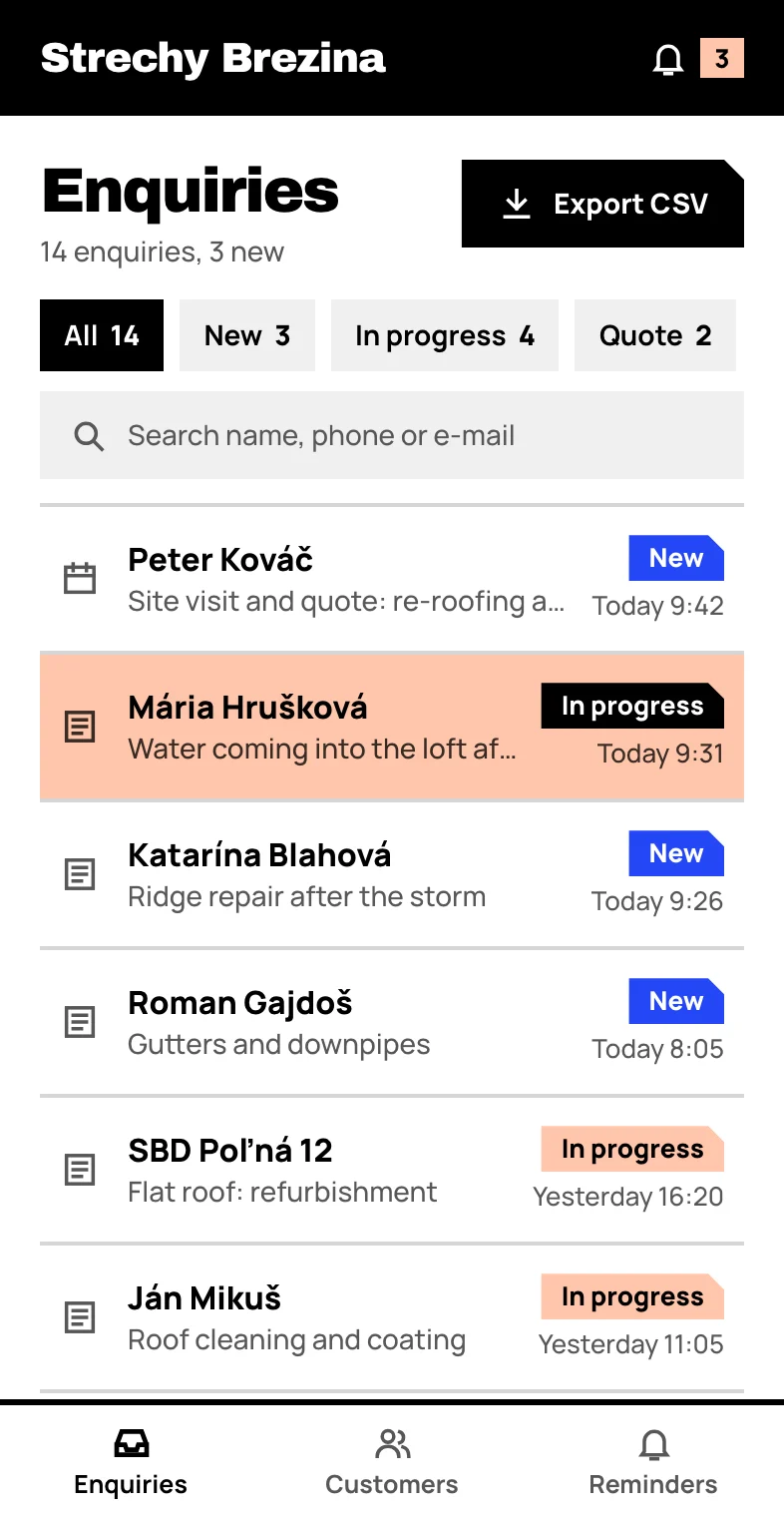 A CRM demo on a phone: the list of enquiries with the statuses new, in progress and quote. The data is invented.