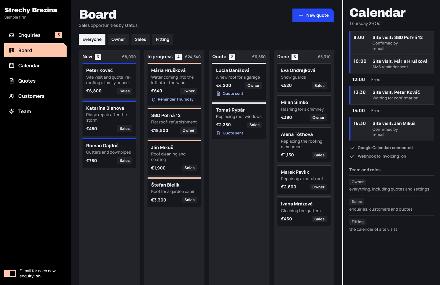 A CRM demo in the Custom package, dark mode: a board of sales opportunities in four columns and the calendar of site visits for one day. The data is invented.